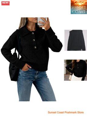 Women's Polo Knit Sweater Pullover V Neck Lapel Collar Button Long Sleeve Loose